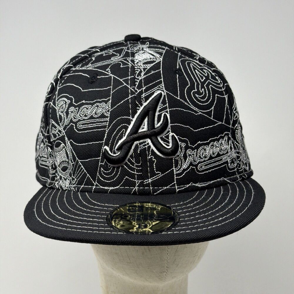 New Era Atlanta Braves 59FIFTY Fitted Hat Size 8 100% Wool All Over Print
